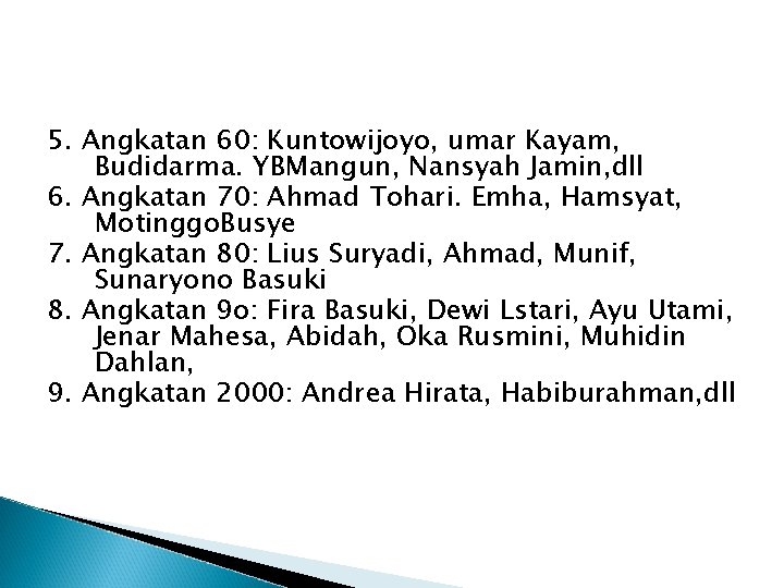 5. Angkatan 60: Kuntowijoyo, umar Kayam, Budidarma. YBMangun, Nansyah Jamin, dll 6. Angkatan 70: