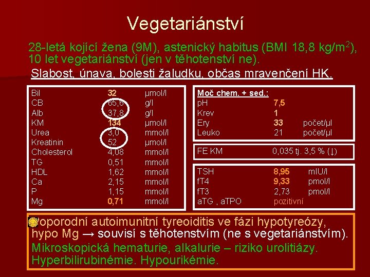 Vegetariánství 2), 28 -letá kojící žena (9 M), astenický habitus (BMI 18, 8 kg/m