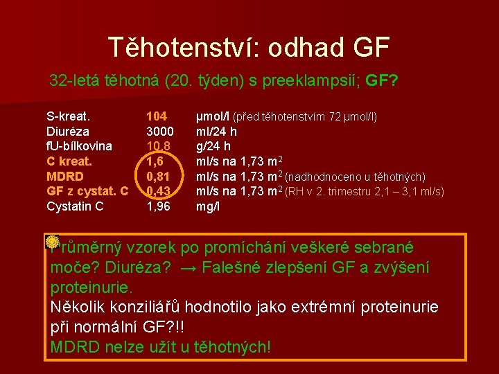 Těhotenství: odhad GF 32 -letá těhotná (20. týden) s preeklampsií; GF? 32 S-kreat. Diuréza