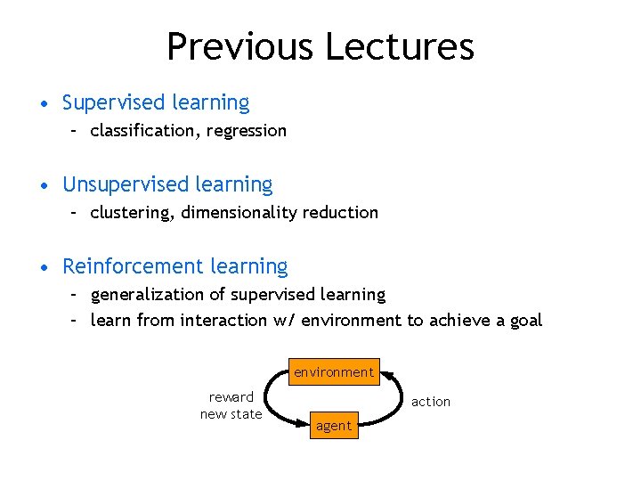 Previous Lectures • Supervised learning – classification, regression • Unsupervised learning – clustering, dimensionality