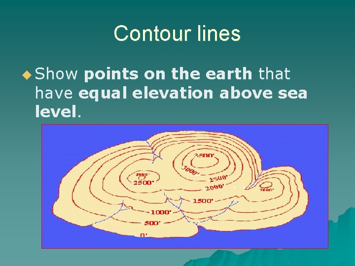 Contour lines u Show points on the earth that have equal elevation above sea