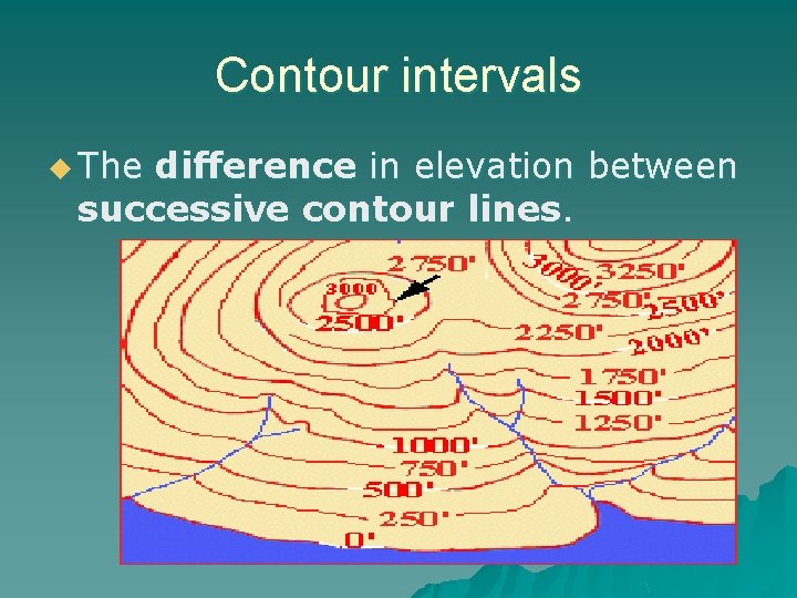 Contour intervals u The difference in elevation between successive contour lines. 