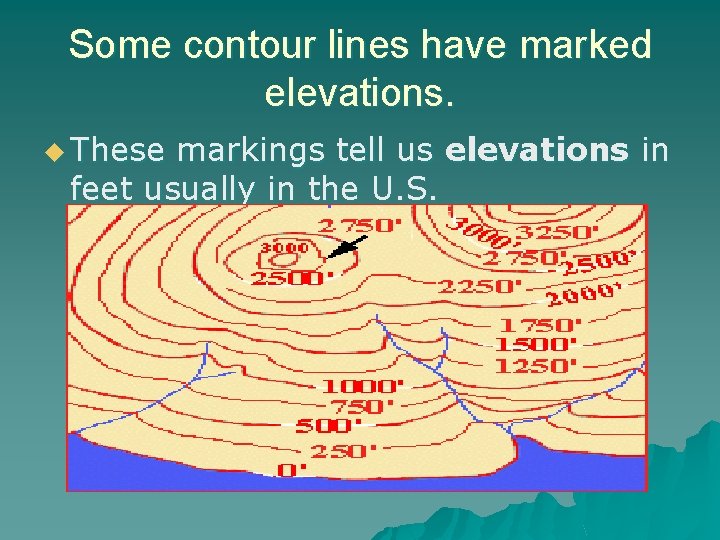 Some contour lines have marked elevations. u These markings tell us elevations in feet