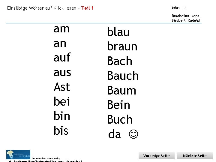 Einsilbige Wörter auf Klick lesen – Teil 1 Übungsart: am an auf aus Ast