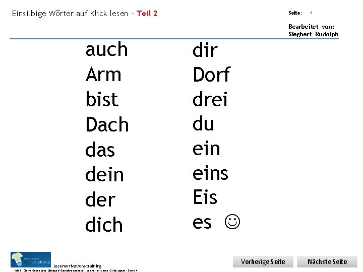 Einsilbige Wörter auf Klick lesen – Teil 2 Übungsart: auch Arm bist Dach das