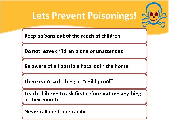 Lets Prevent Poisonings! Keep poisons out of the reach of children Do not leave