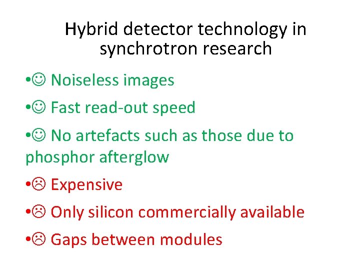 Hybrid detector technology in synchrotron research • Noiseless images • Fast read-out speed •
