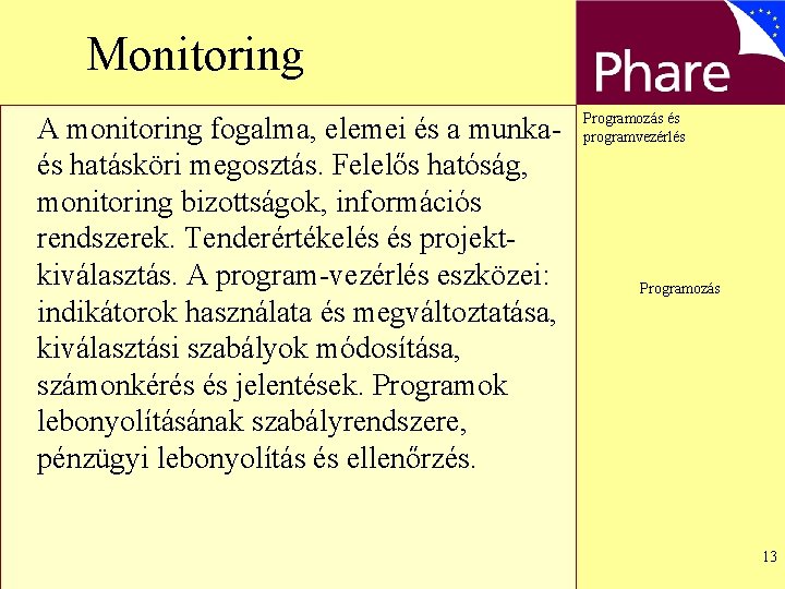 Monitoring A monitoring fogalma, elemei és a munkaés hatásköri megosztás. Felelős hatóság, monitoring bizottságok,