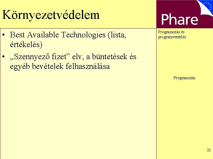 Környezetvédelem • Best Available Technologies (lista, értékelés) • „Szennyező fizet” elv, a büntetések és