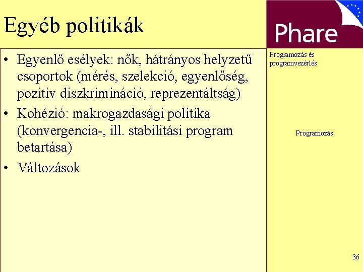 Egyéb politikák • Egyenlő esélyek: nők, hátrányos helyzetű csoportok (mérés, szelekció, egyenlőség, pozitív diszkrimináció,