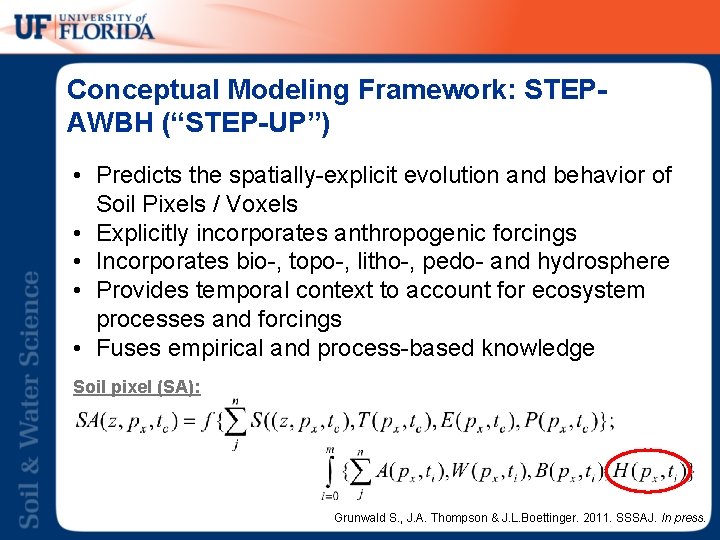 Conceptual Modeling Framework: STEPAWBH (“STEP-UP”) • Predicts the spatially-explicit evolution and behavior of Soil