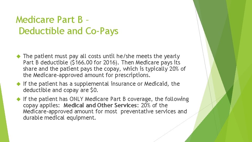 Medicare Part B – Deductible and Co-Pays The patient must pay all costs until