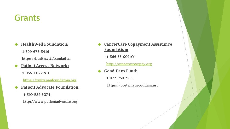 Grants Health. Well Foundation: 1 -800 -675 -8416 https: //healthwellfoundation 1 -866 -55 -COPAY