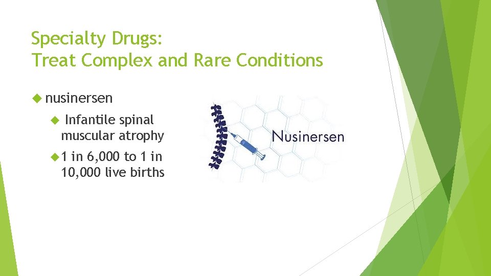 Specialty Drugs: Treat Complex and Rare Conditions nusinersen Infantile spinal muscular atrophy 1 in