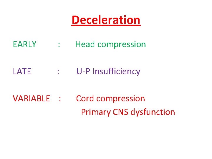 Deceleration EARLY : Head compression LATE : U-P Insufficiency VARIABLE : Cord compression Primary