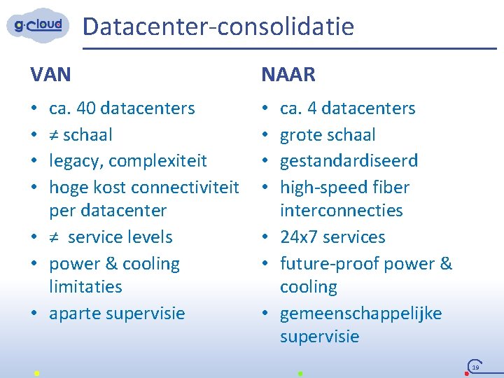 Datacenter-consolidatie VAN NAAR ca. 40 datacenters ≠ schaal legacy, complexiteit hoge kost connectiviteit per