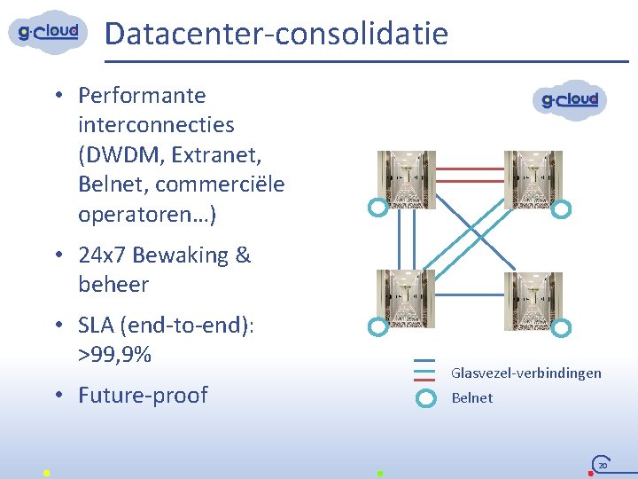 Datacenter-consolidatie • Performante interconnecties (DWDM, Extranet, Belnet, commerciële operatoren…) • 24 x 7 Bewaking