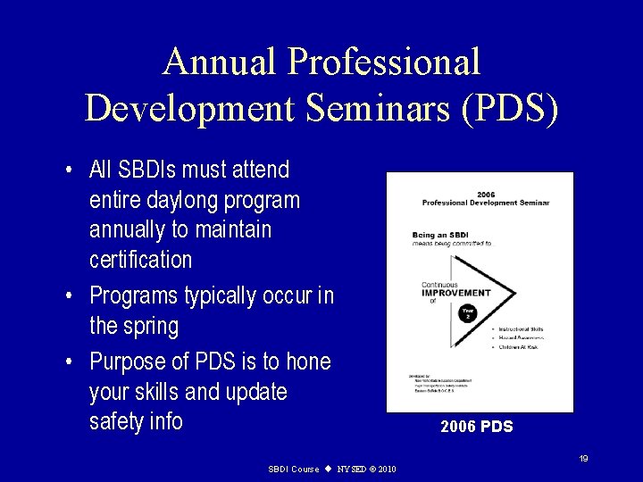 Annual Professional Development Seminars (PDS) • All SBDIs must attend entire daylong program annually