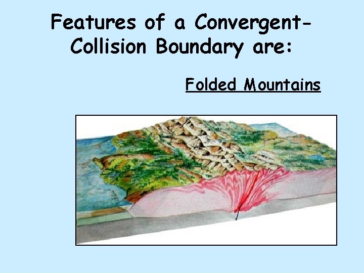 Features of a Convergent. Collision Boundary are: Folded Mountains 