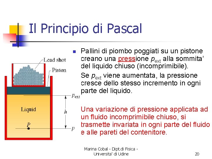 Il Principio di Pascal Pallini di piombo poggiati su un pistone creano una pressione