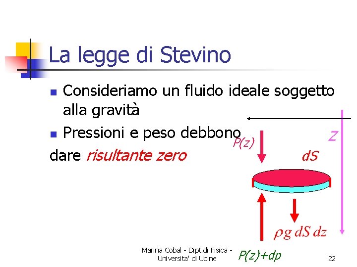 La legge di Stevino Consideriamo un fluido ideale soggetto alla gravità n Pressioni e