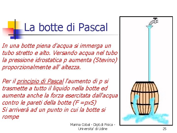 La botte di Pascal In una botte piena d'acqua si immerga un tubo stretto
