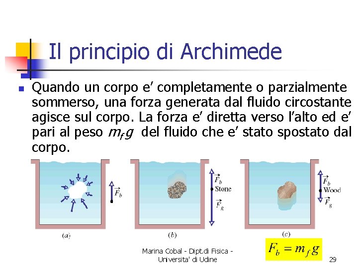 Il principio di Archimede n Quando un corpo e’ completamente o parzialmente sommerso, una