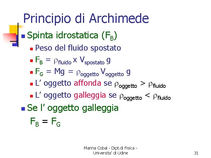 Principio di Archimede n Spinta idrostatica (FB) Peso del fluido spostato n FB =