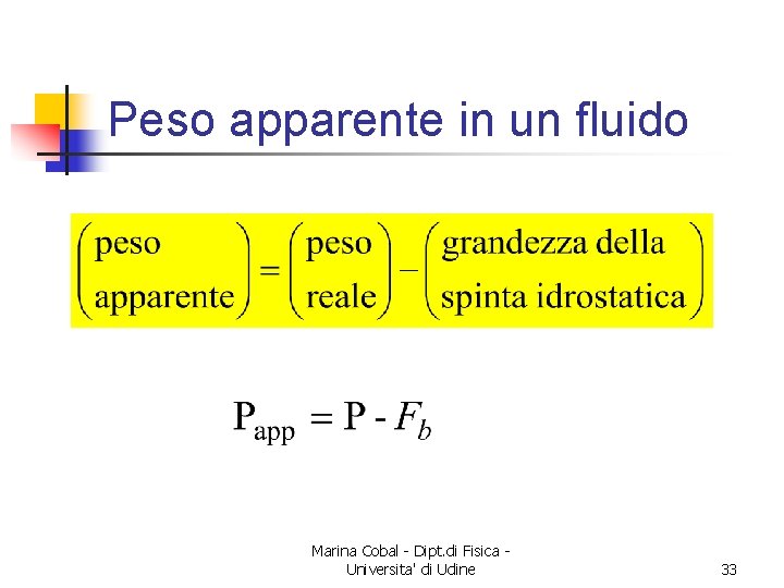 Peso apparente in un fluido Marina Cobal - Dipt. di Fisica Universita' di Udine