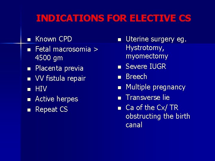 INDICATIONS FOR ELECTIVE CS n n n n Known CPD Fetal macrosomia > 4500