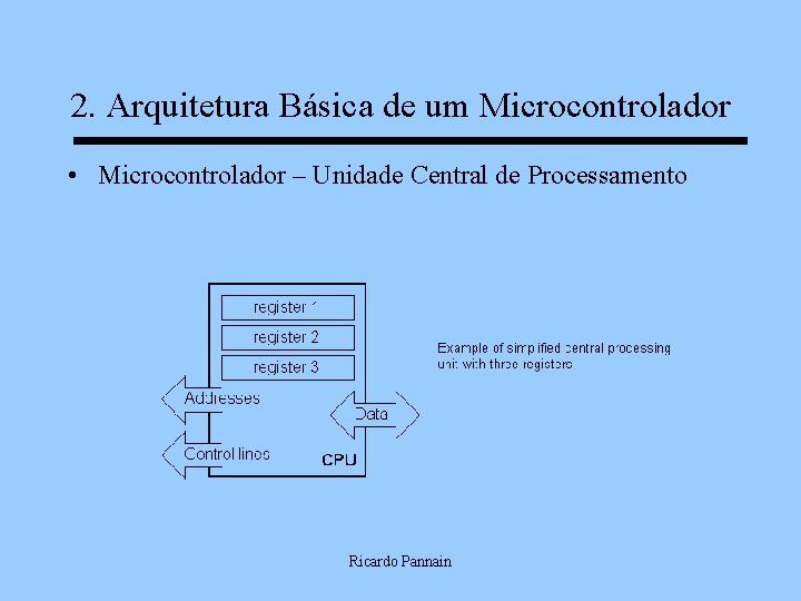 2. Arquitetura Básica de um Microcontrolador • Microcontrolador – Unidade Central de Processamento Ricardo