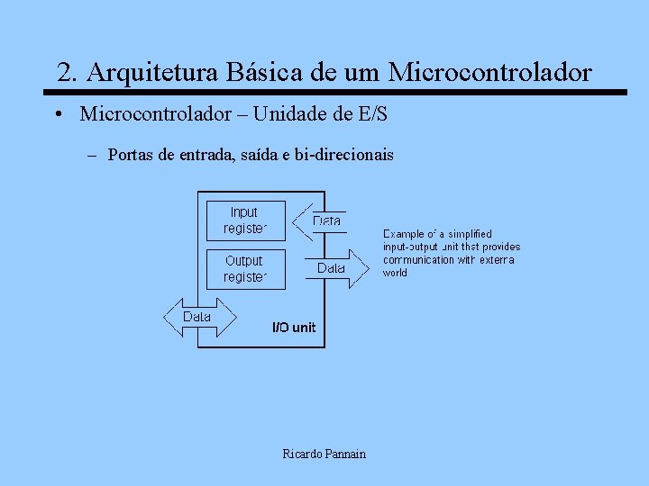 2. Arquitetura Básica de um Microcontrolador • Microcontrolador – Unidade de E/S – Portas