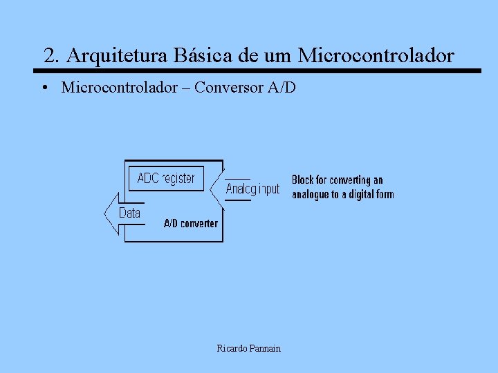 2. Arquitetura Básica de um Microcontrolador • Microcontrolador – Conversor A/D Ricardo Pannain 