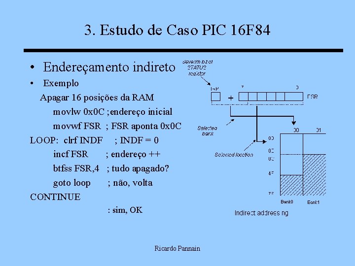3. Estudo de Caso PIC 16 F 84 • Endereçamento indireto • Exemplo Apagar