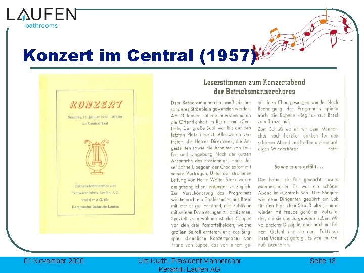 Konzert im Central (1957) 01 November 2020 Urs Kurth, Präsident Männerchor Keramik Laufen AG