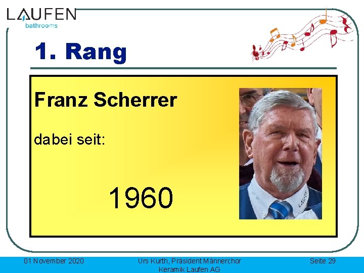 1. Rang Franz Scherrer dabei seit: 1960 01 November 2020 Urs Kurth, Präsident Männerchor