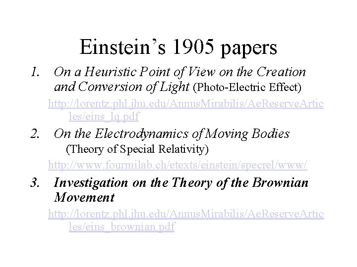 Einstein’s 1905 papers 1. On a Heuristic Point of View on the Creation and