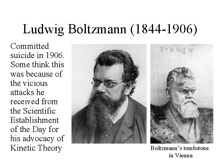 Ludwig Boltzmann (1844 -1906) Committed suicide in 1906. Some think this was because of