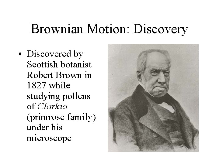 Brownian Motion: Discovery • Discovered by Scottish botanist Robert Brown in 1827 while studying