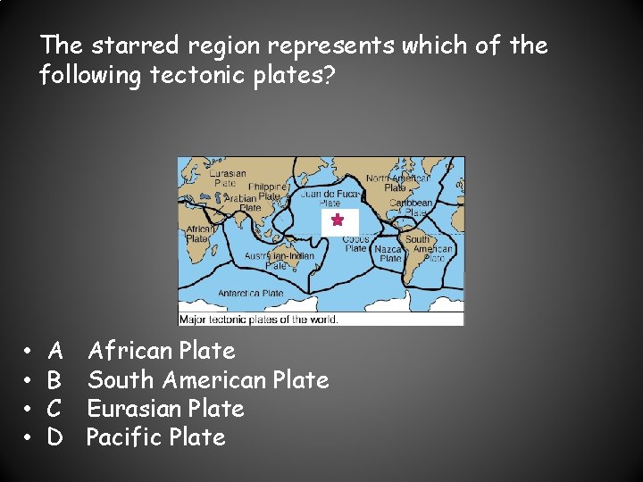 The starred region represents which of the following tectonic plates? • • A B