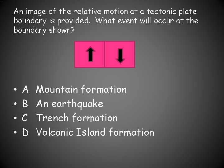 An image of the relative motion at a tectonic plate boundary is provided. What