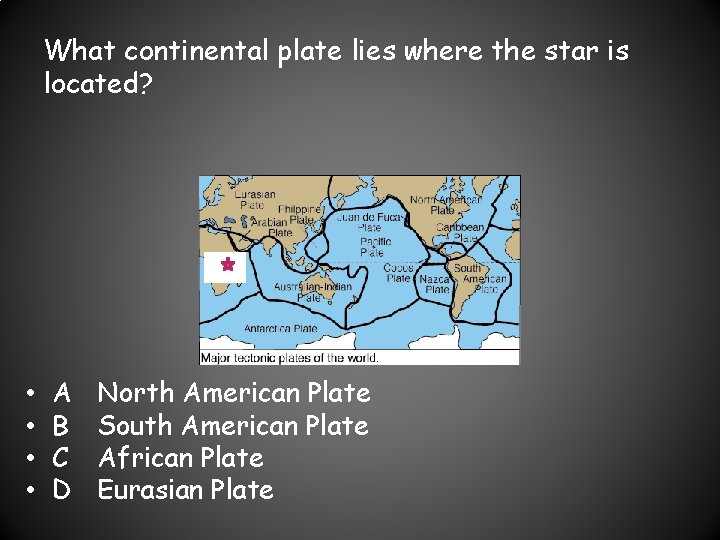 What continental plate lies where the star is located? • • A B C