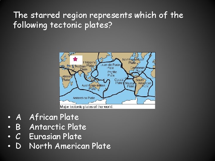 The starred region represents which of the following tectonic plates? • • A B
