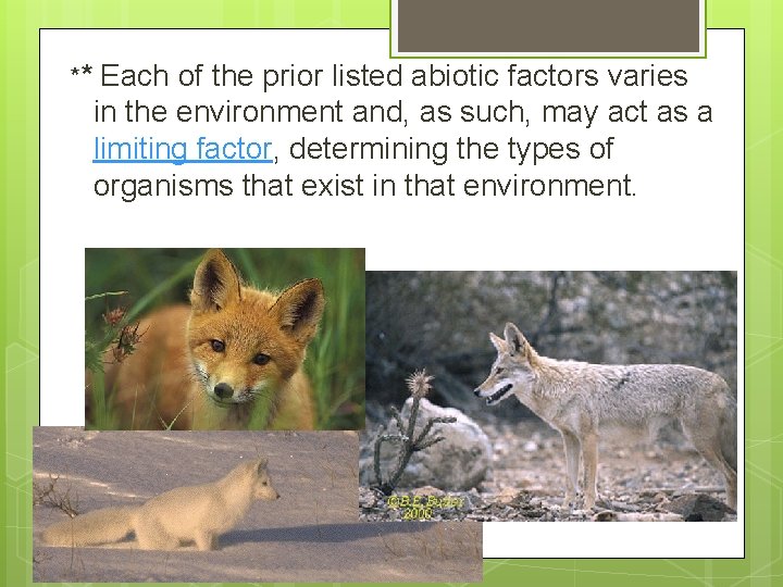 ** Each of the prior listed abiotic factors varies in the environment and, as