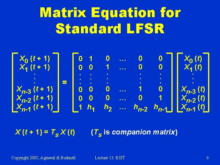 Matrix Equation for Standard LFSR X 0 (t + 1) X 1 (t +