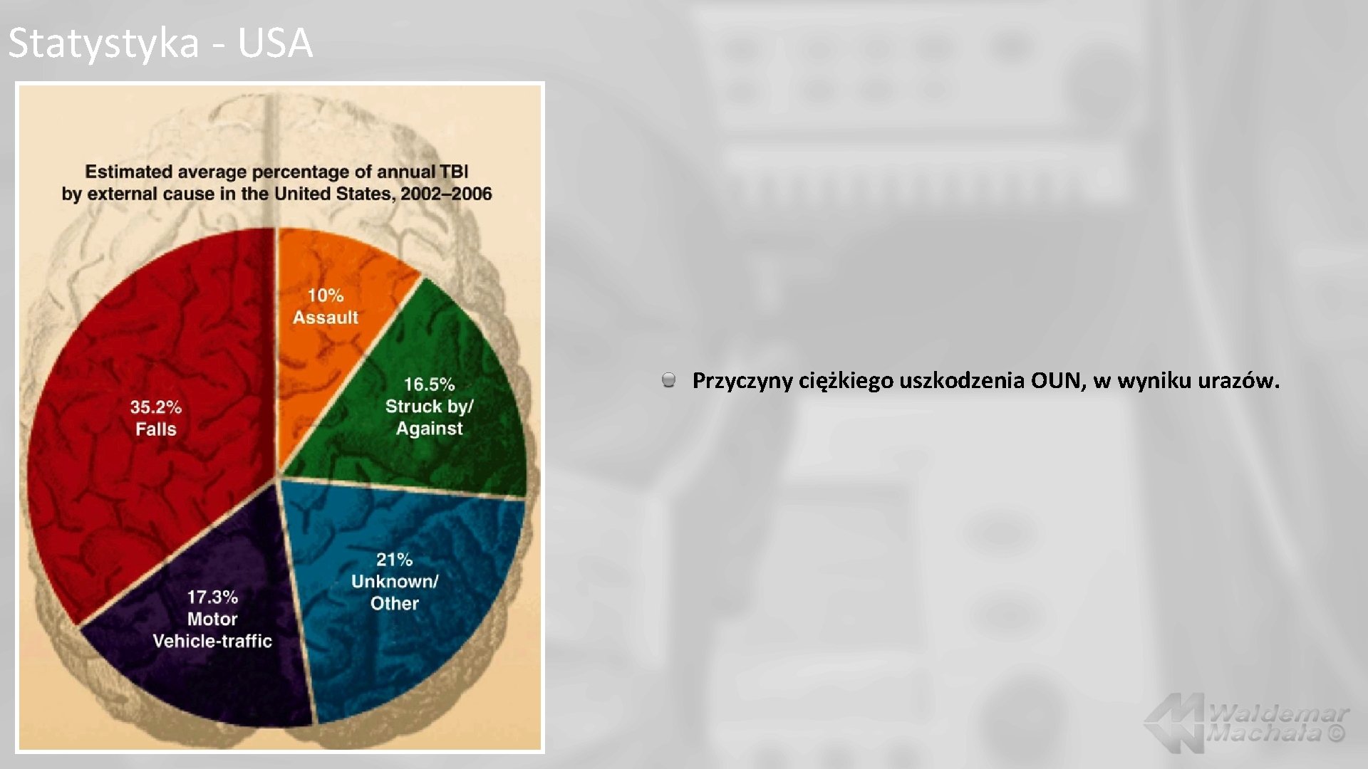 Statystyka - USA Przyczyny ciężkiego uszkodzenia OUN, w wyniku urazów. 