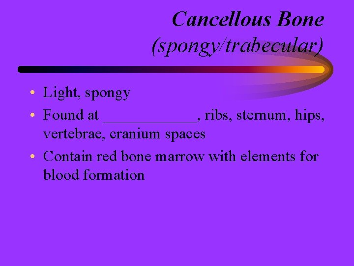 Cancellous Bone (spongy/trabecular) • Light, spongy • Found at ______, ribs, sternum, hips, vertebrae,