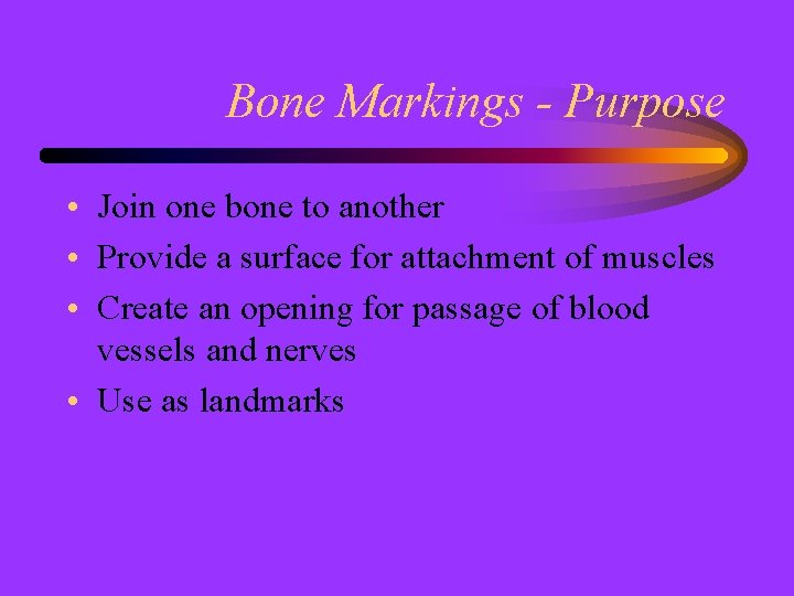 Bone Markings - Purpose • Join one bone to another • Provide a surface