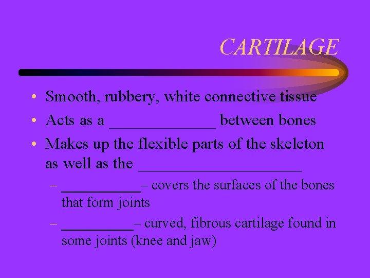 CARTILAGE • Smooth, rubbery, white connective tissue • Acts as a _______ between bones