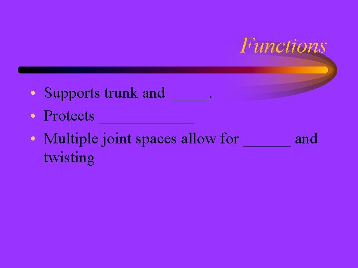 Functions • Supports trunk and _____. • Protects ______ • Multiple joint spaces allow